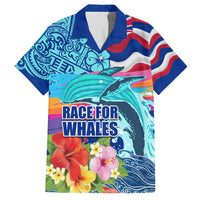 Hawaii Race For Whales Family Matching Off Shoulder Long Sleeve Dress and Hawaiian Shirt Flag and Polynesian Hibiscus LT03 Dad's Shirt - Short Sleeve Blue - Polynesian Pride