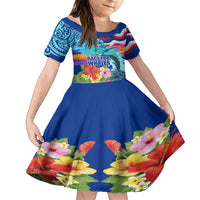 Hawaii Race For Whales Family Matching Puletasi and Hawaiian Shirt Flag and Polynesian Hibiscus LT03 Daughter's Dress Blue - Polynesian Pride