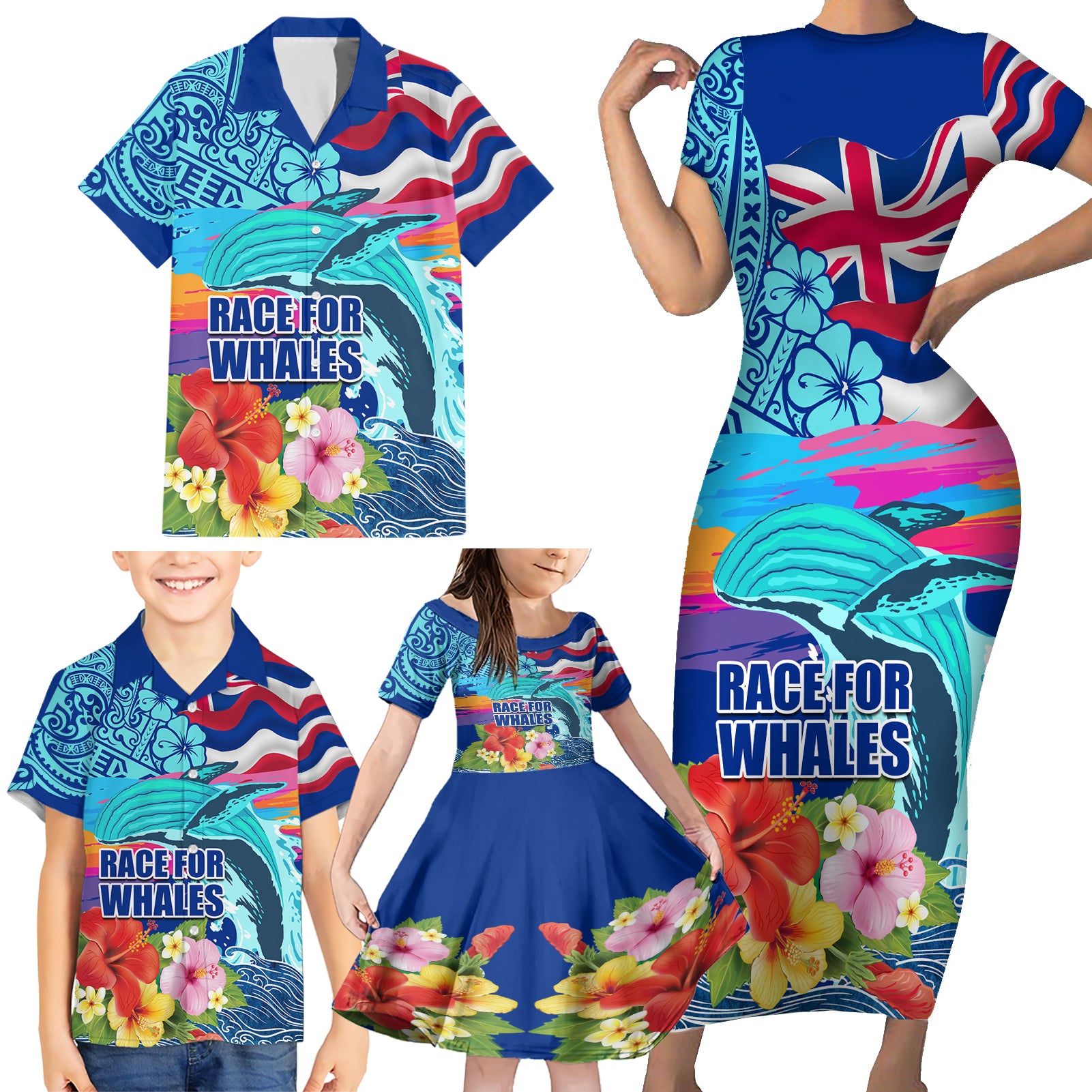 Hawaii Race For Whales Family Matching Short Sleeve Bodycon Dress and Hawaiian Shirt Flag and Polynesian Hibiscus LT03 - Polynesian Pride