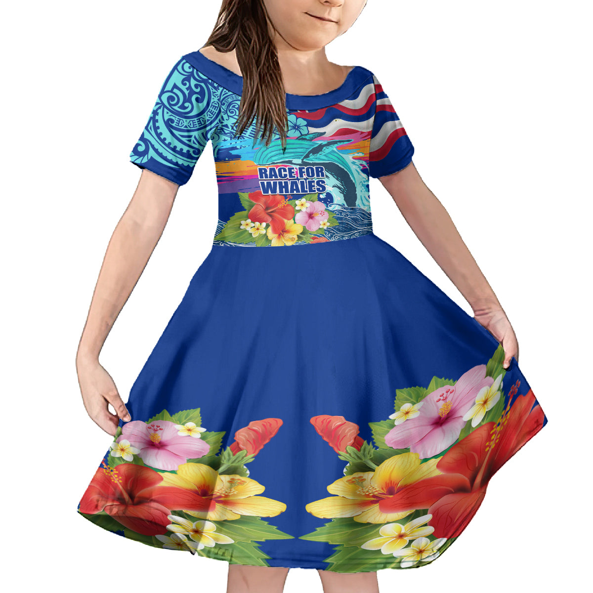 Hawaii Race For Whales Family Matching Tank Maxi Dress and Hawaiian Shirt Flag and Polynesian Hibiscus LT03 Daughter's Dress Blue - Polynesian Pride