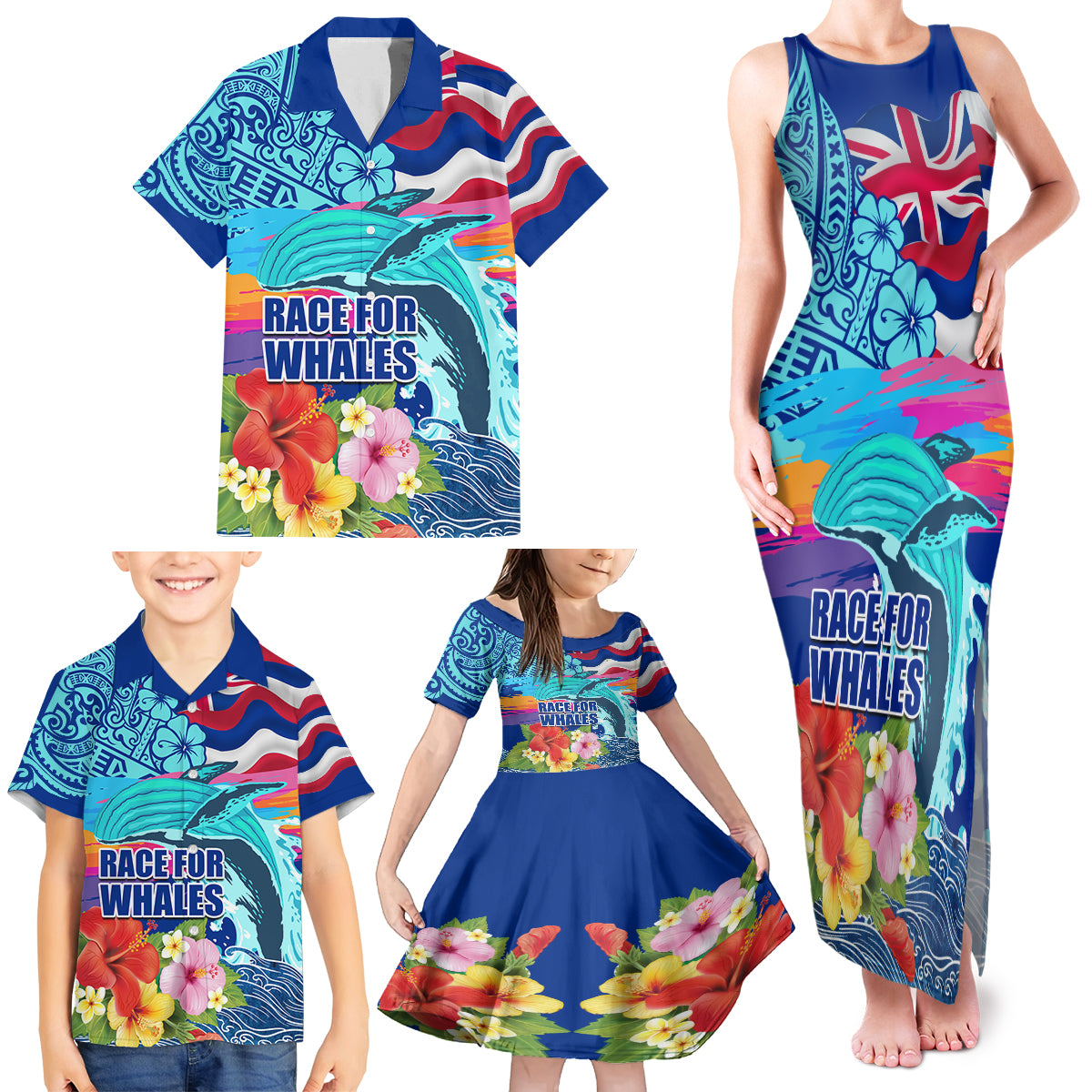 Hawaii Race For Whales Family Matching Tank Maxi Dress and Hawaiian Shirt Flag and Polynesian Hibiscus LT03 - Polynesian Pride