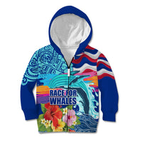 Hawaii Race For Whales Kid Hoodie Flag and Polynesian Hibiscus LT03 Zip Hoodie Blue - Polynesian Pride