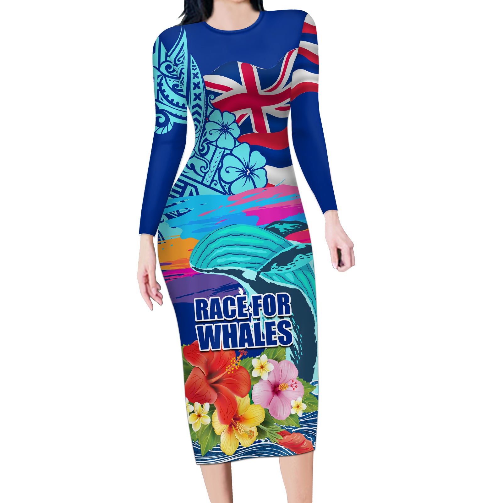 Hawaii Race For Whales Long Sleeve Bodycon Dress Flag and Polynesian Hibiscus LT03 Long Dress Blue - Polynesian Pride