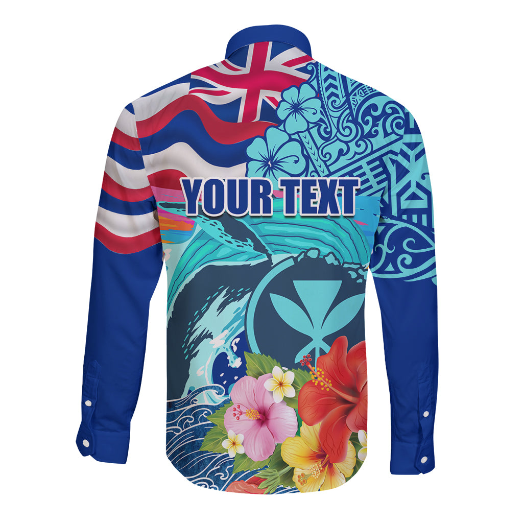 Hawaii Race For Whales Long Sleeve Button Shirt Flag and Polynesian Hibiscus LT03 - Polynesian Pride