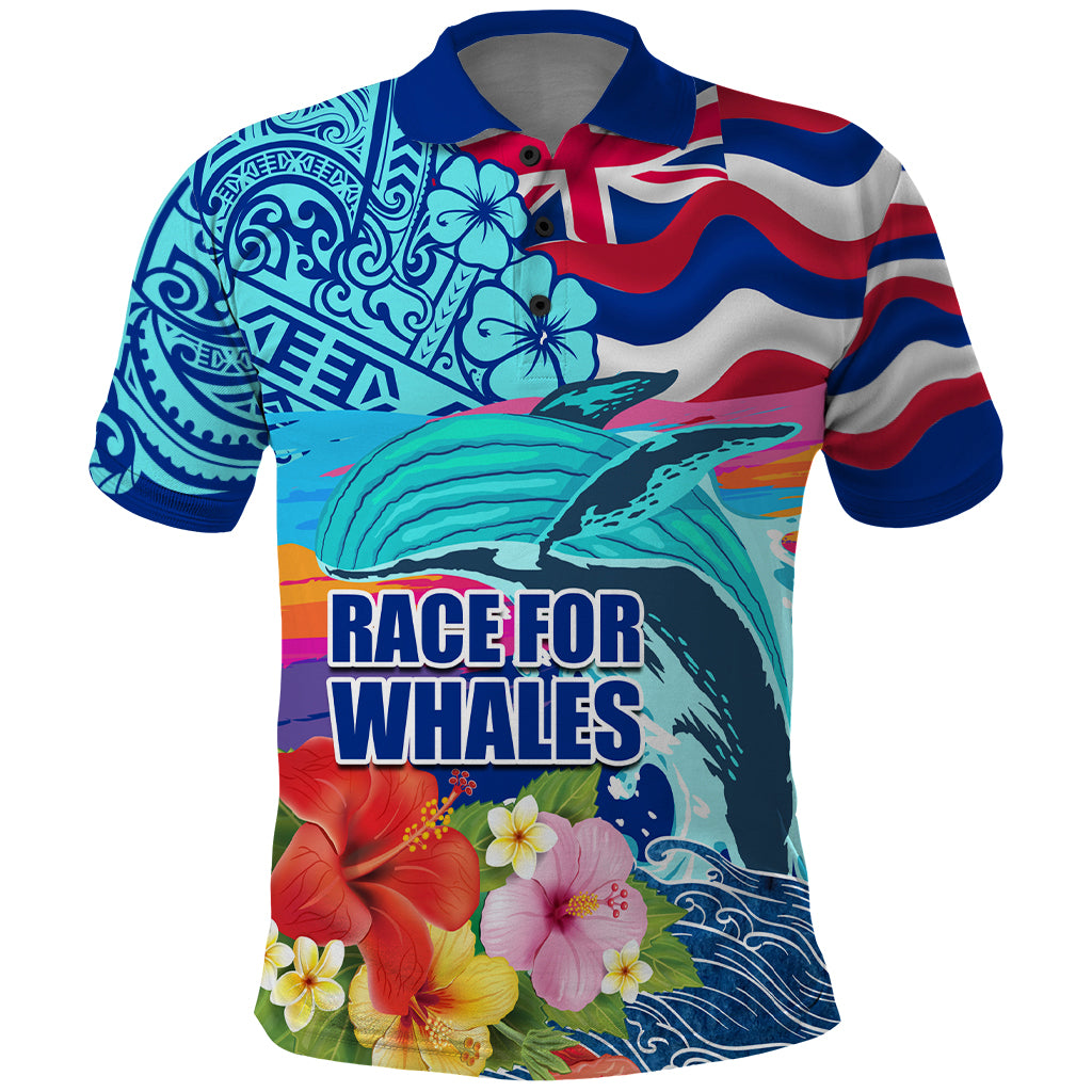 Hawaii Race For Whales Polo Shirt Flag and Polynesian Hibiscus LT03 Blue - Polynesian Pride