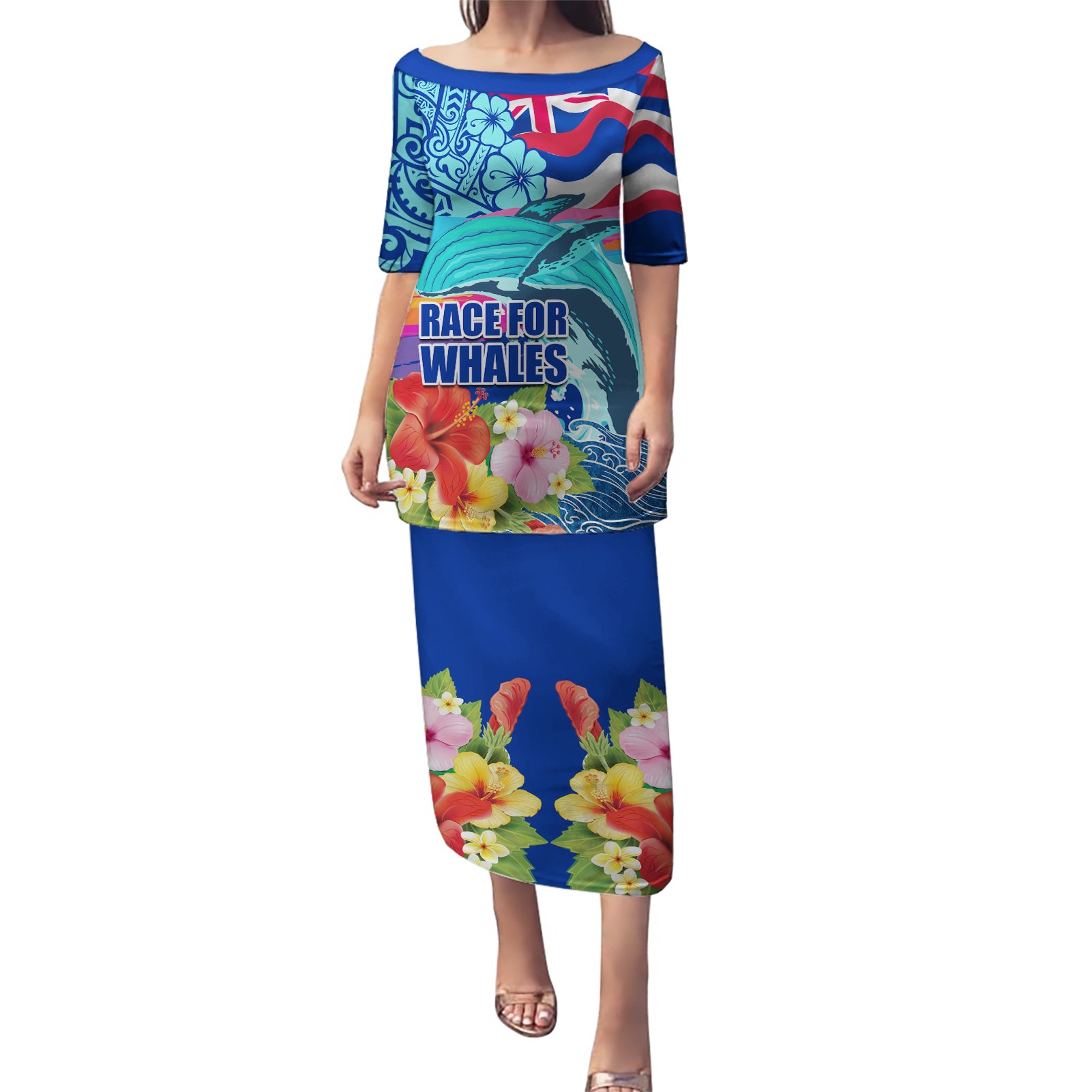 Hawaii Race For Whales Puletasi Flag and Polynesian Hibiscus LT03 Long Dress Blue - Polynesian Pride