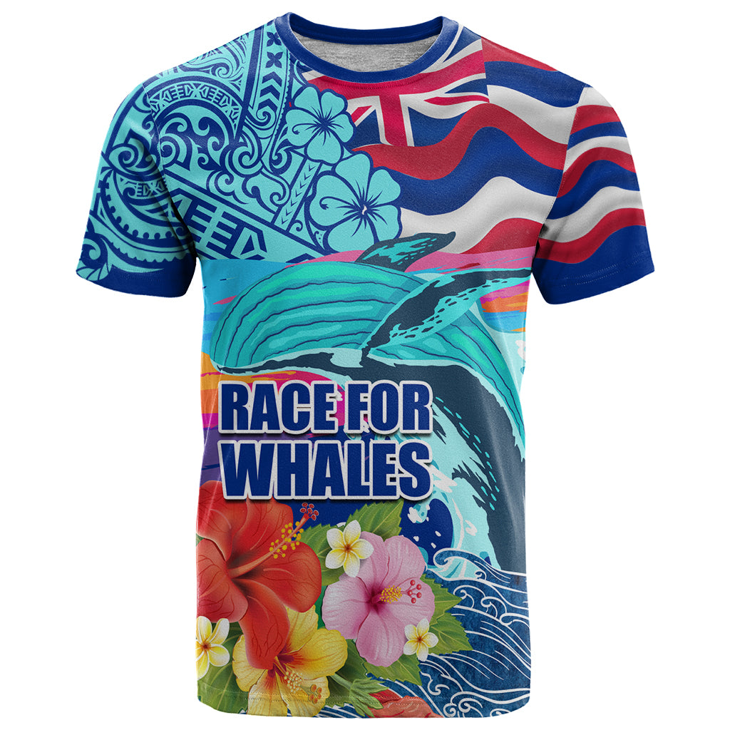 Hawaii Race For Whales T Shirt Flag and Polynesian Hibiscus LT03 Blue - Polynesian Pride