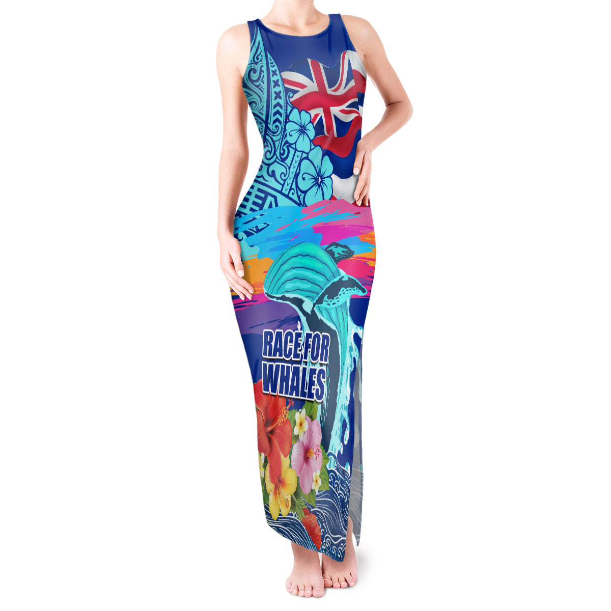 Hawaii Race For Whales Tank Maxi Dress Flag and Polynesian Hibiscus LT03 Women Blue - Polynesian Pride