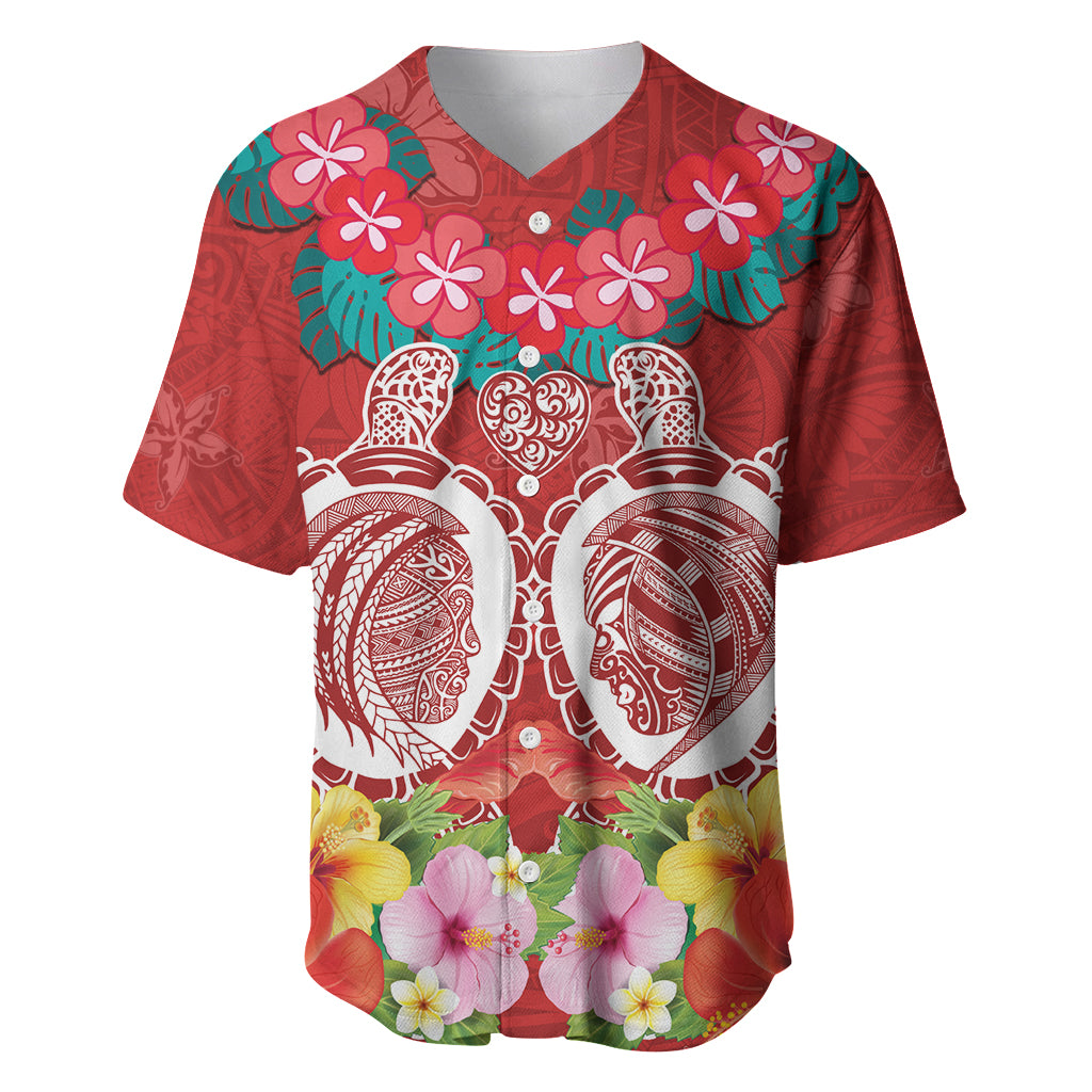 Polynesian Valentine Day Baseball Jersey Love Couple Turtle Maori Hibiscus Red Style LT03 Red - Polynesian Pride