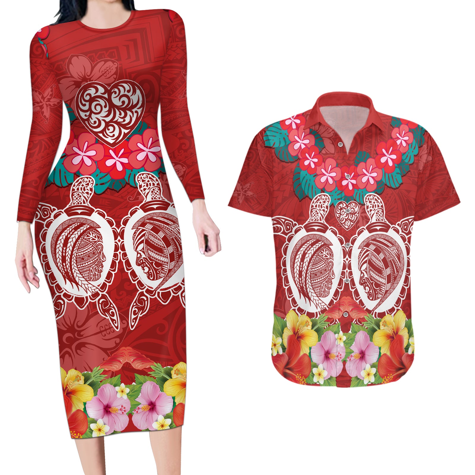 Polynesian Valentine Day Couples Matching Long Sleeve Bodycon Dress and Hawaiian Shirt Love Couple Turtle Maori Hibiscus Red Style LT03 Red - Polynesian Pride