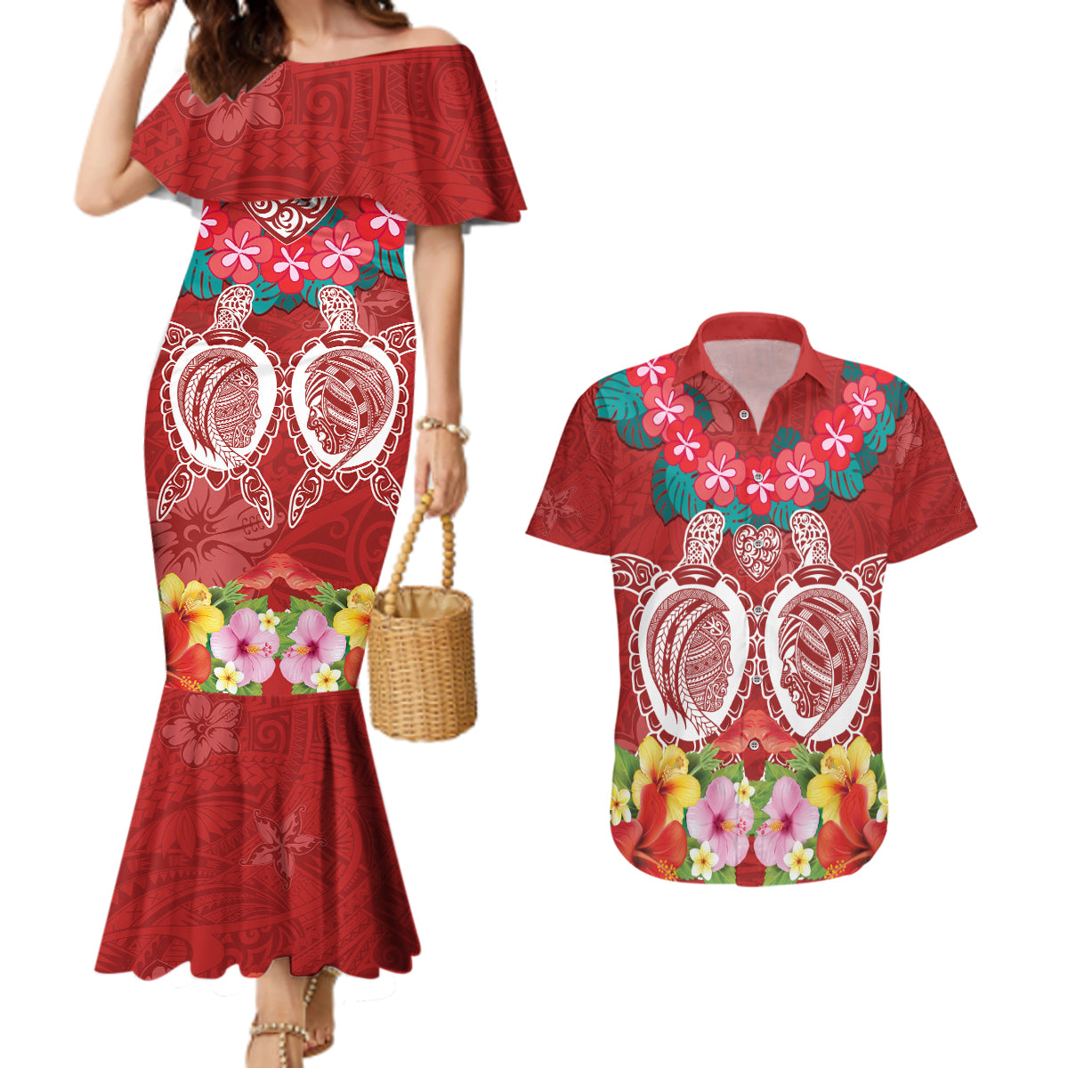 Polynesian Valentine Day Couples Matching Mermaid Dress and Hawaiian Shirt Love Couple Turtle Maori Hibiscus Red Style LT03 Red - Polynesian Pride