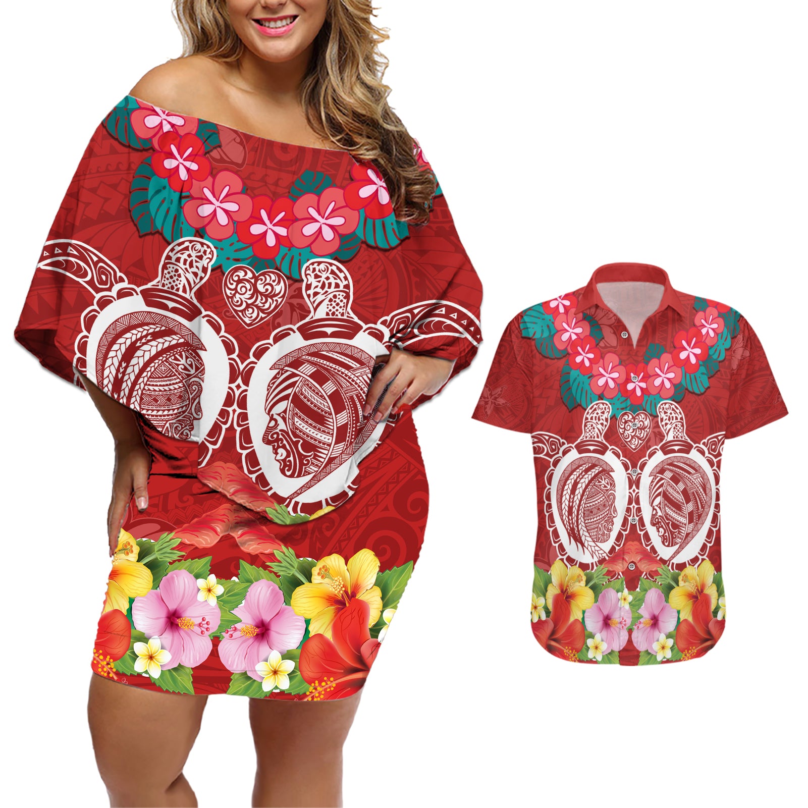 Polynesian Valentine Day Couples Matching Off Shoulder Short Dress and Hawaiian Shirt Love Couple Turtle Maori Hibiscus Red Style LT03 Red - Polynesian Pride