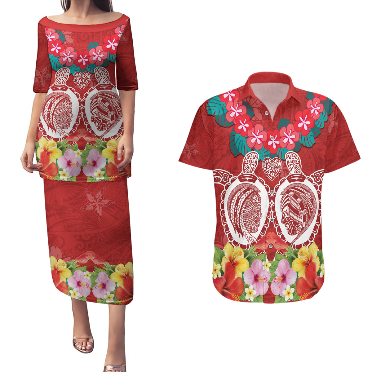 Polynesian Valentine Day Couples Matching Puletasi and Hawaiian Shirt Love Couple Turtle Maori Hibiscus Red Style LT03 Red - Polynesian Pride