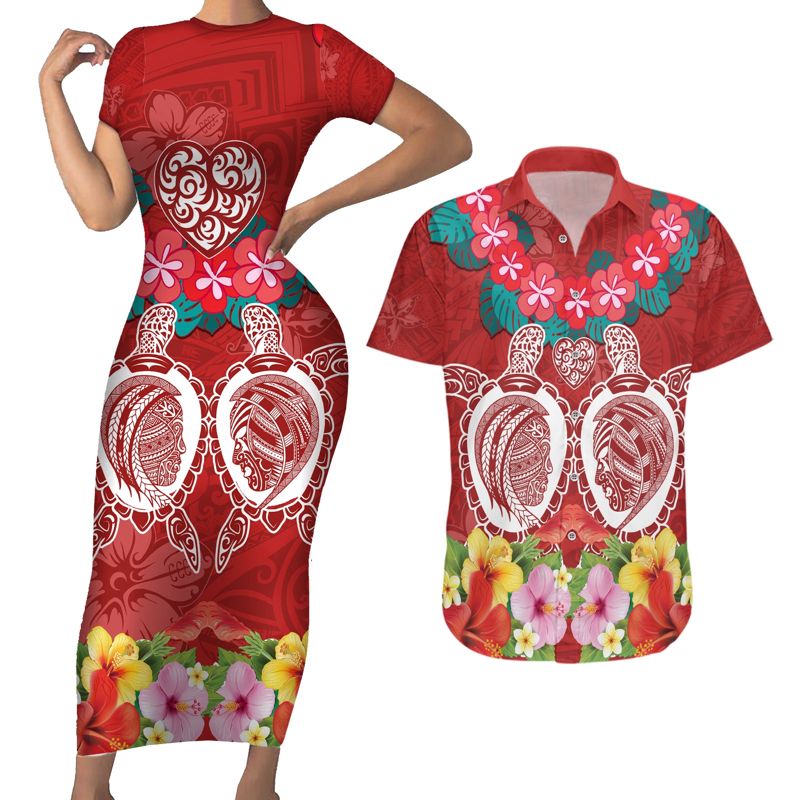 Polynesian Valentine Day Couples Matching Short Sleeve Bodycon Dress and Hawaiian Shirt Love Couple Turtle Maori Hibiscus Red Style LT03 Red - Polynesian Pride