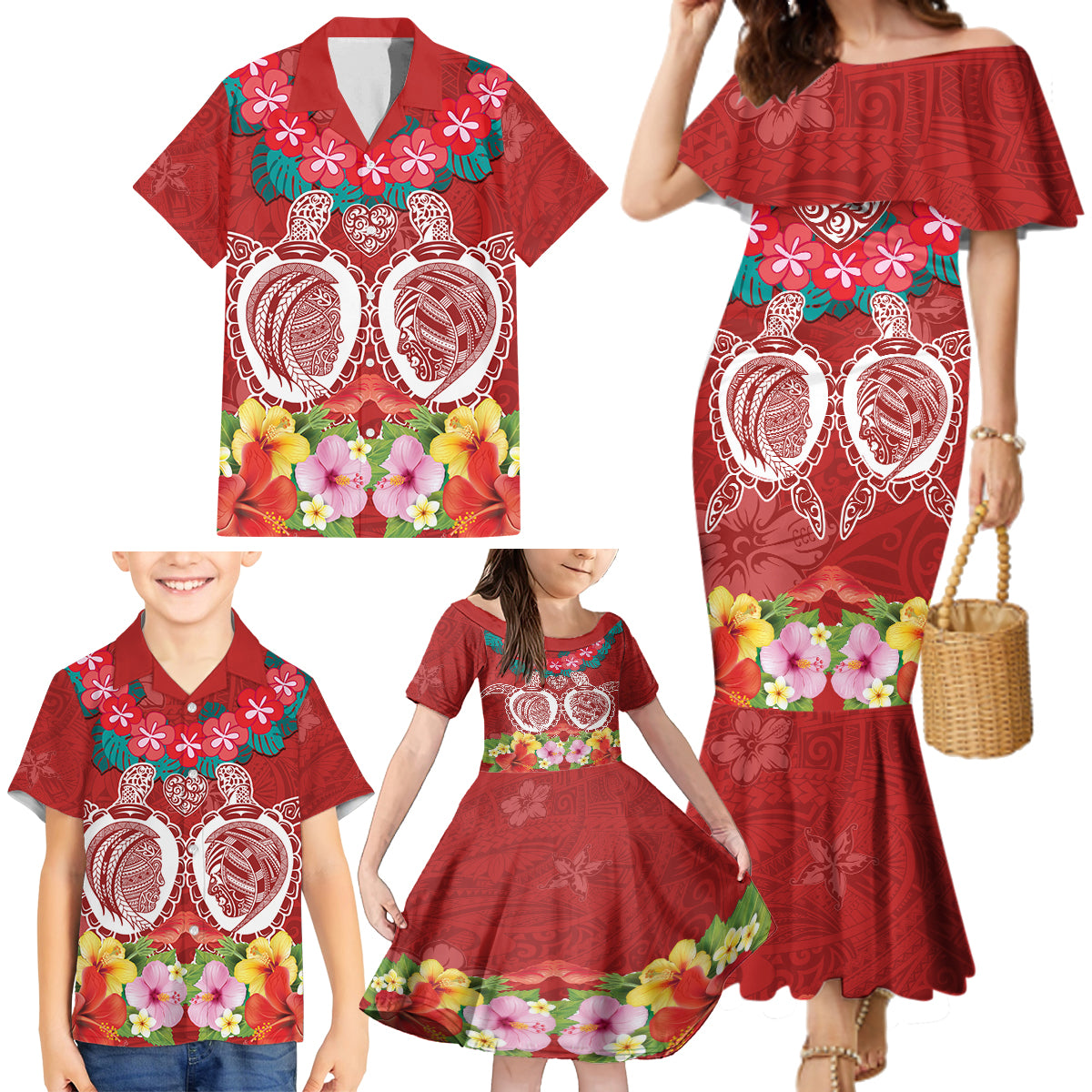 Polynesian Valentine Day Family Matching Mermaid Dress and Hawaiian Shirt Love Couple Turtle Maori Hibiscus Red Style LT03 - Polynesian Pride