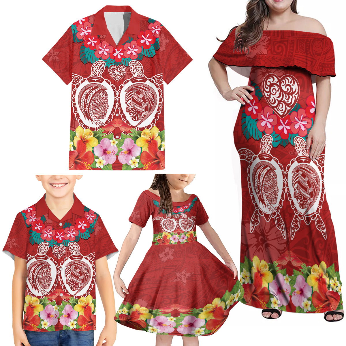 Polynesian Valentine Day Family Matching Off Shoulder Maxi Dress and Hawaiian Shirt Love Couple Turtle Maori Hibiscus Red Style LT03 - Polynesian Pride