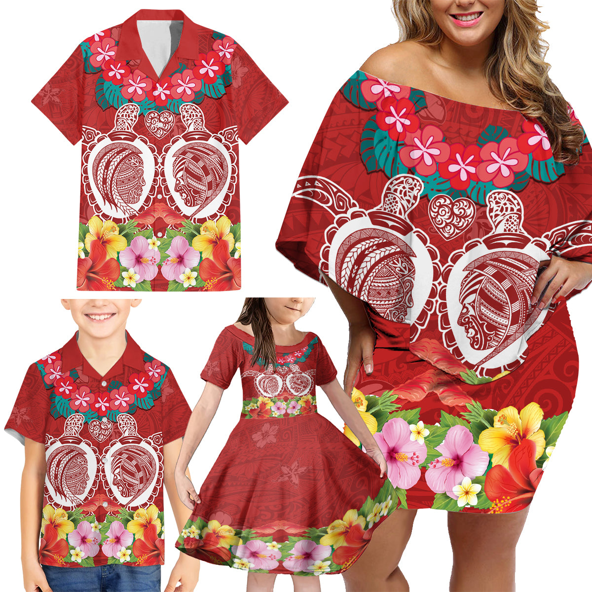 Polynesian Valentine Day Family Matching Off Shoulder Short Dress and Hawaiian Shirt Love Couple Turtle Maori Hibiscus Red Style LT03 - Polynesian Pride