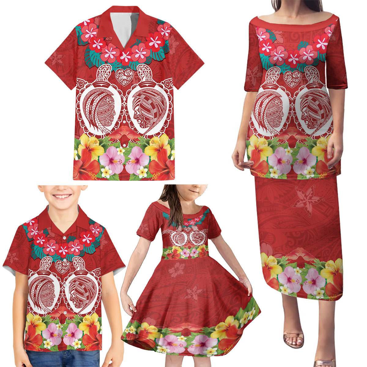 Polynesian Valentine Day Family Matching Puletasi and Hawaiian Shirt Love Couple Turtle Maori Hibiscus Red Style LT03 - Polynesian Pride