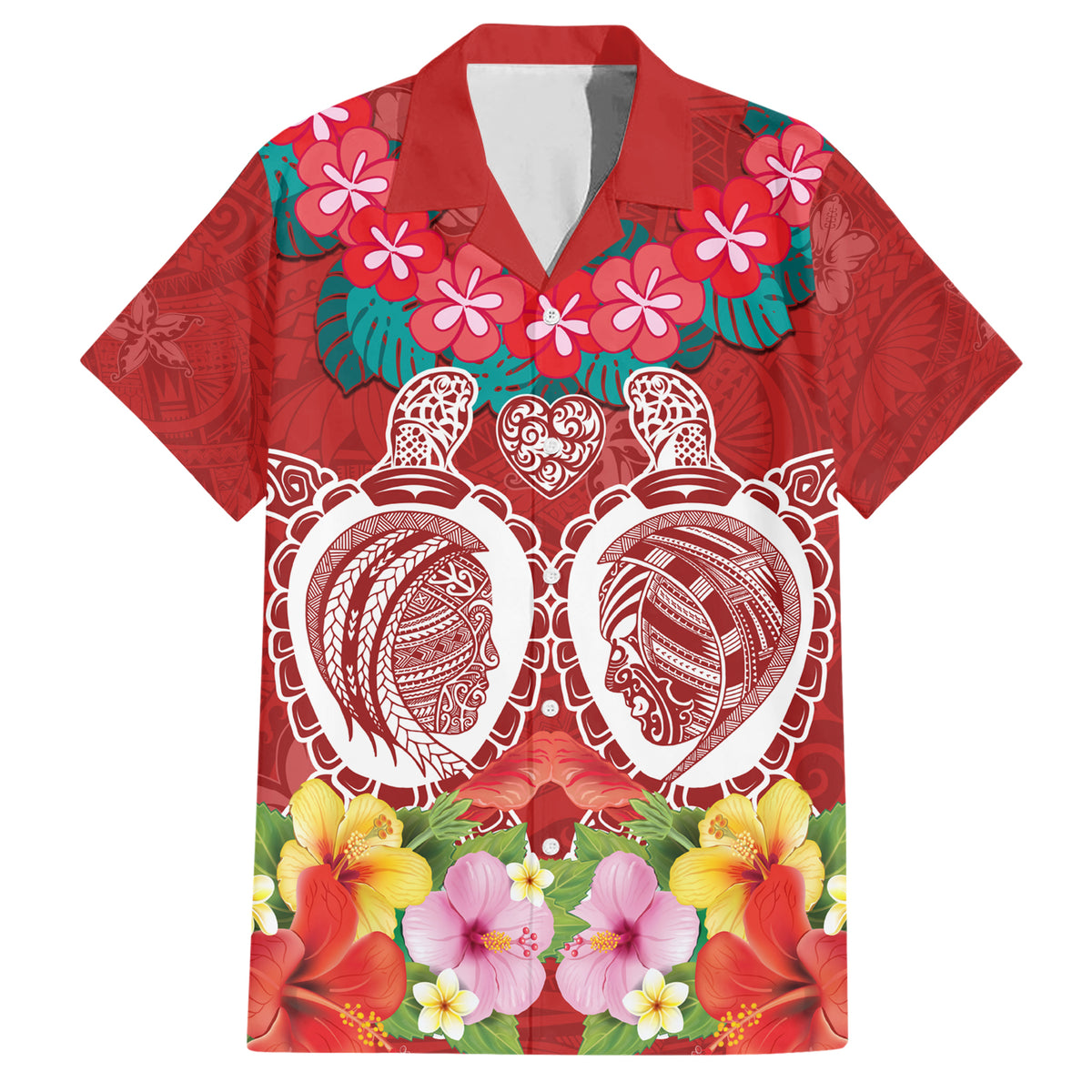 Polynesian Valentine Day Family Matching Short Sleeve Bodycon Dress and Hawaiian Shirt Love Couple Turtle Maori Hibiscus Red Style LT03 Dad's Shirt - Short Sleeve Red - Polynesian Pride