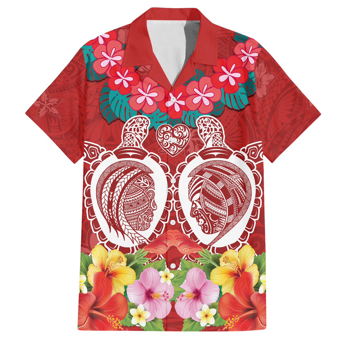 Polynesian Valentine Day Family Matching Tank Maxi Dress and Hawaiian Shirt Love Couple Turtle Maori Hibiscus Red Style LT03 Dad's Shirt - Short Sleeve Red - Polynesian Pride