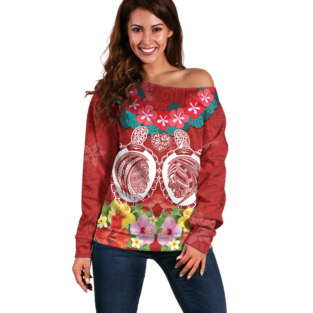 Polynesian Valentine Day Off Shoulder Sweater Love Couple Turtle Maori Hibiscus Red Style LT03 Women Red - Polynesian Pride
