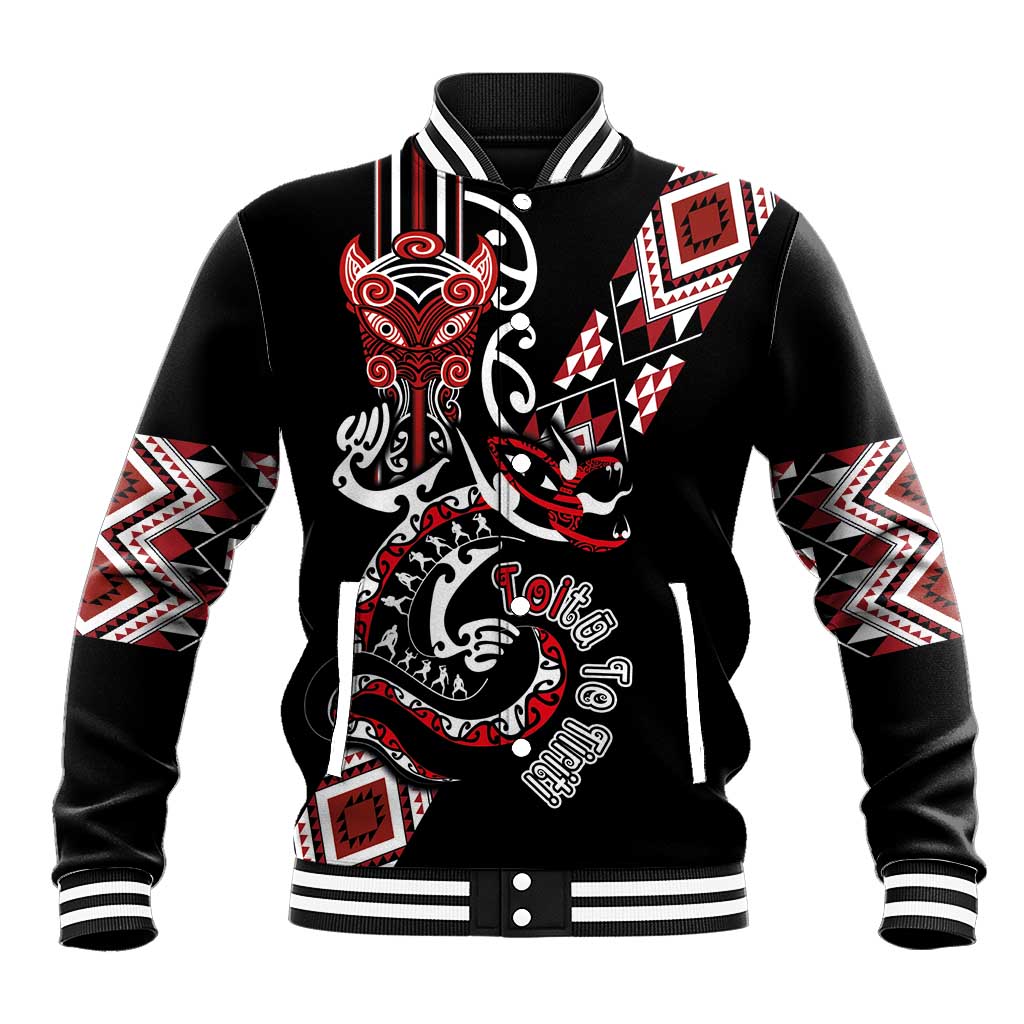 Aotearoa Toitu Te Tiriti-Honour the Treaty Baseball Jacket Maori Taniwha Haka with Taniko and Tukutuku LT03 Unisex Black - Polynesian Pride