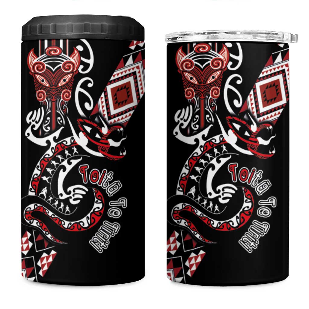 Aotearoa Toitu Te Tiriti-Honour the Treaty 4 in 1 Can Cooler Tumbler Maori Taniwha Haka with Taniko and Tukutuku LT03 One Size: 16 oz Black - Polynesian Pride