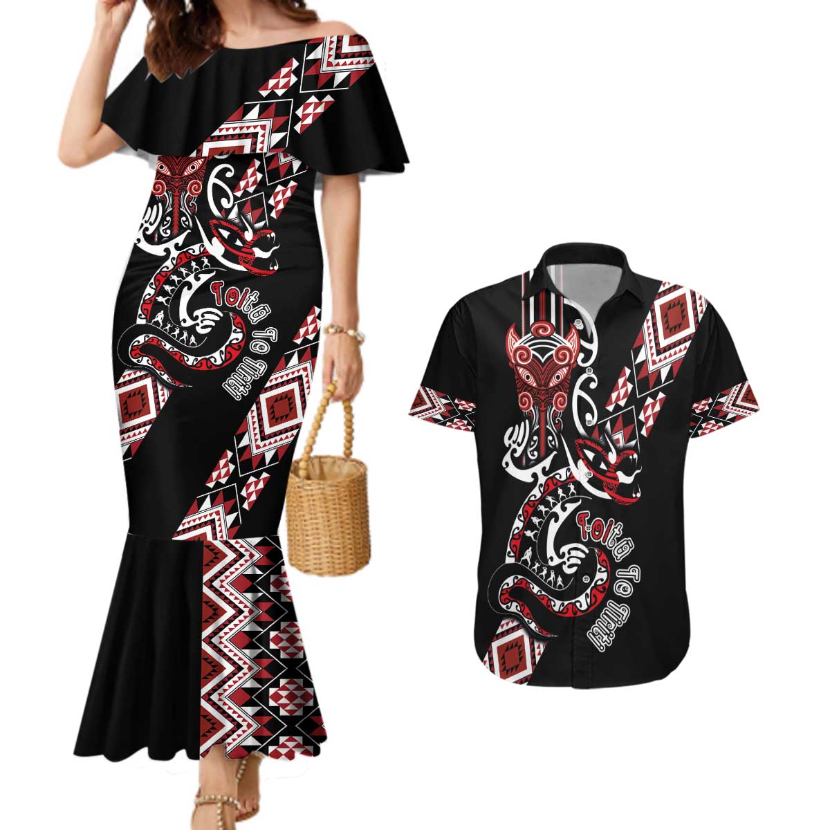 Aotearoa Toitu Te Tiriti-Honour the Treaty Couples Matching Mermaid Dress and Hawaiian Shirt Maori Taniwha Haka with Taniko and Tukutuku LT03 Black - Polynesian Pride