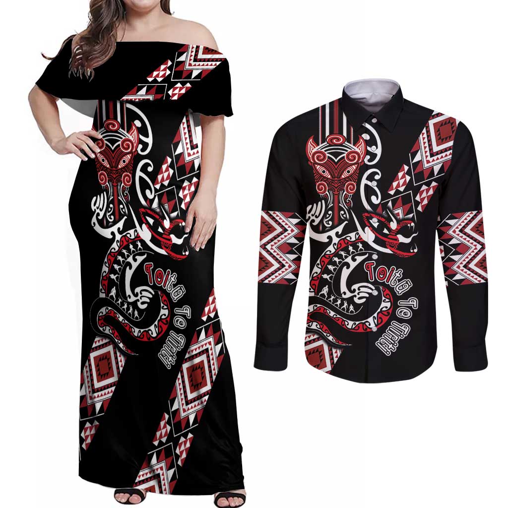 Aotearoa Toitu Te Tiriti-Honour the Treaty Couples Matching Off Shoulder Maxi Dress and Long Sleeve Button Shirt Maori Taniwha Haka with Taniko and Tukutuku