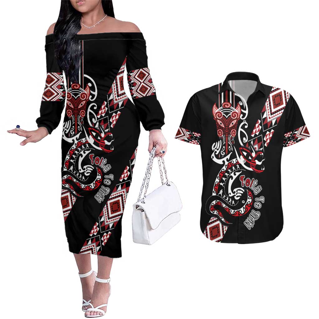 Aotearoa Toitu Te Tiriti-Honour the Treaty Couples Matching Off The Shoulder Long Sleeve Dress and Hawaiian Shirt Maori Taniwha Haka with Taniko and Tukutuku