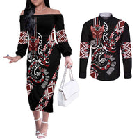 Aotearoa Toitu Te Tiriti-Honour the Treaty Couples Matching Off The Shoulder Long Sleeve Dress and Long Sleeve Button Shirt Maori Taniwha Haka with Taniko and Tukutuku