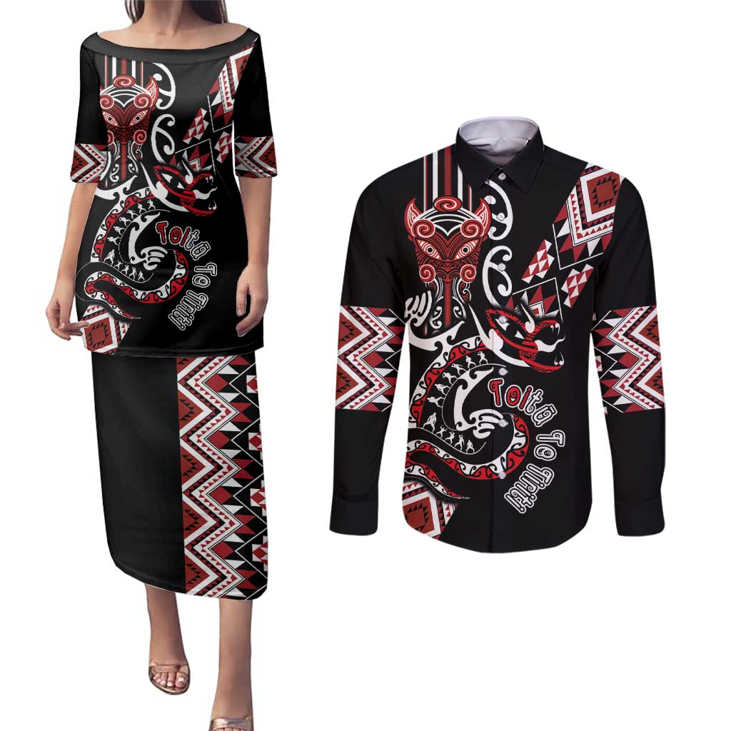 Aotearoa Toitu Te Tiriti-Honour the Treaty Couples Matching Puletasi and Long Sleeve Button Shirt Maori Taniwha Haka with Taniko and Tukutuku