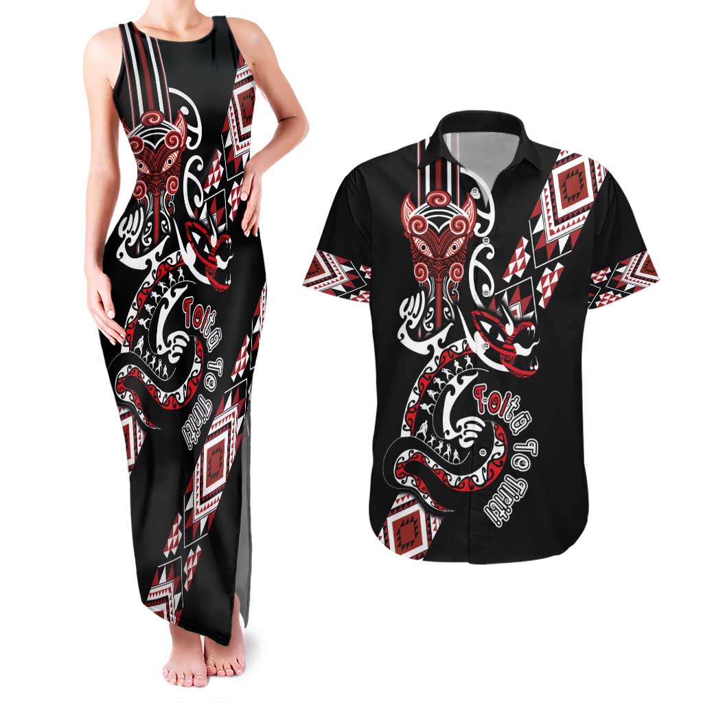Aotearoa Toitu Te Tiriti-Honour the Treaty Couples Matching Tank Maxi Dress and Hawaiian Shirt Maori Taniwha Haka with Taniko and Tukutuku LT03 Black - Polynesian Pride