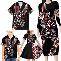 Aotearoa Toitu Te Tiriti-Honour the Treaty Family Matching Long Sleeve Bodycon Dress and Hawaiian Shirt Maori Taniwha Haka with Taniko and Tukutuku