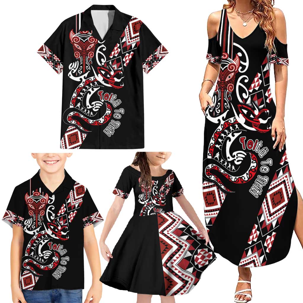 Aotearoa Toitu Te Tiriti-Honour the Treaty Family Matching Summer Maxi Dress and Hawaiian Shirt Maori Taniwha Haka with Taniko and Tukutuku