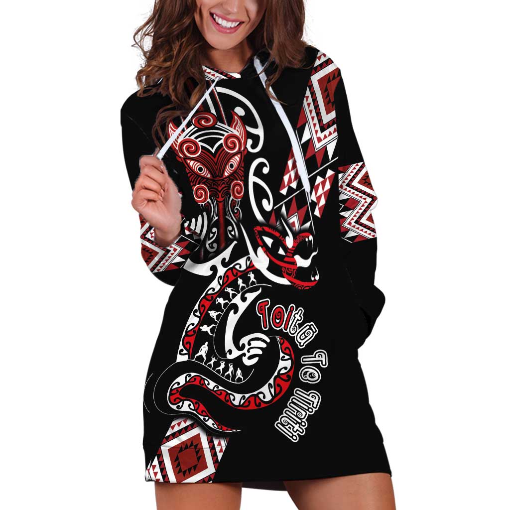 Aotearoa Toitu Te Tiriti-Honour the Treaty Hoodie Dress Maori Taniwha Haka with Taniko and Tukutuku LT03 Black - Polynesian Pride