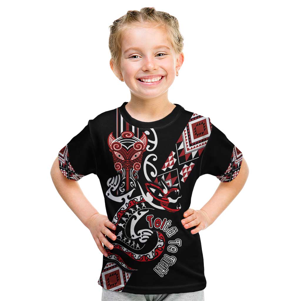 Aotearoa Toitu Te Tiriti-Honour the Treaty Kid T Shirt Maori Taniwha Haka with Taniko and Tukutuku