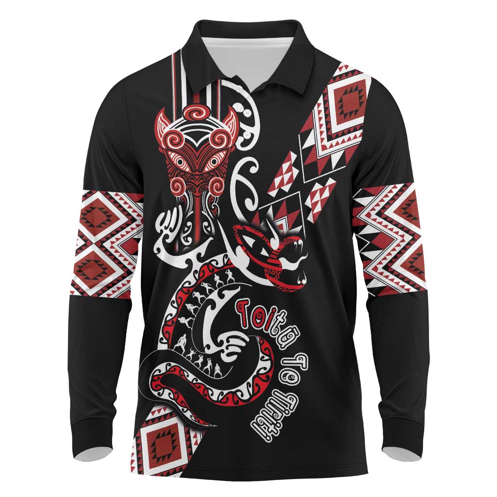 Aotearoa Toitu Te Tiriti-Honour the Treaty Long Sleeve Polo Shirt Maori Taniwha Haka with Taniko and Tukutuku