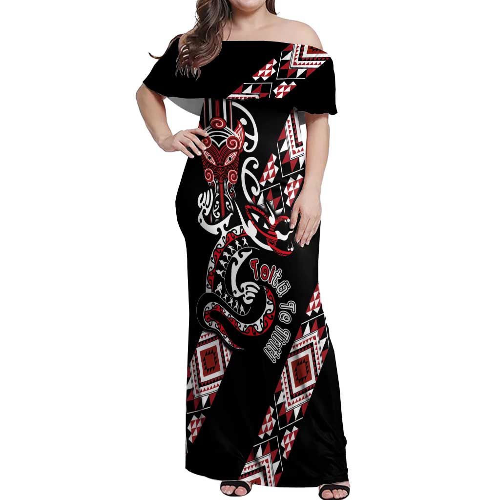 Aotearoa Toitu Te Tiriti-Honour the Treaty Off Shoulder Maxi Dress Maori Taniwha Haka with Taniko and Tukutuku LT03 Women Black - Polynesian Pride