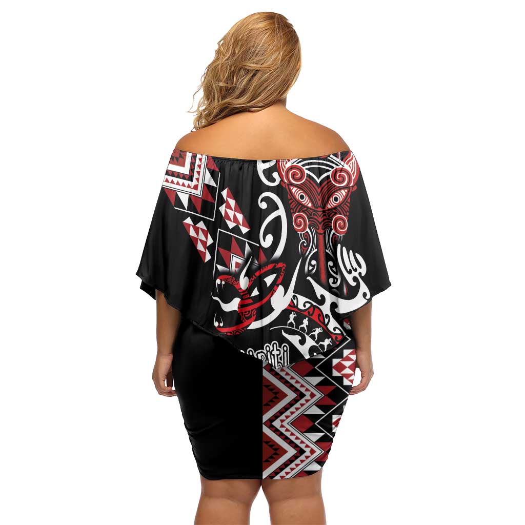 Aotearoa Toitu Te Tiriti-Honour the Treaty Off Shoulder Short Dress Maori Taniwha Haka with Taniko and Tukutuku