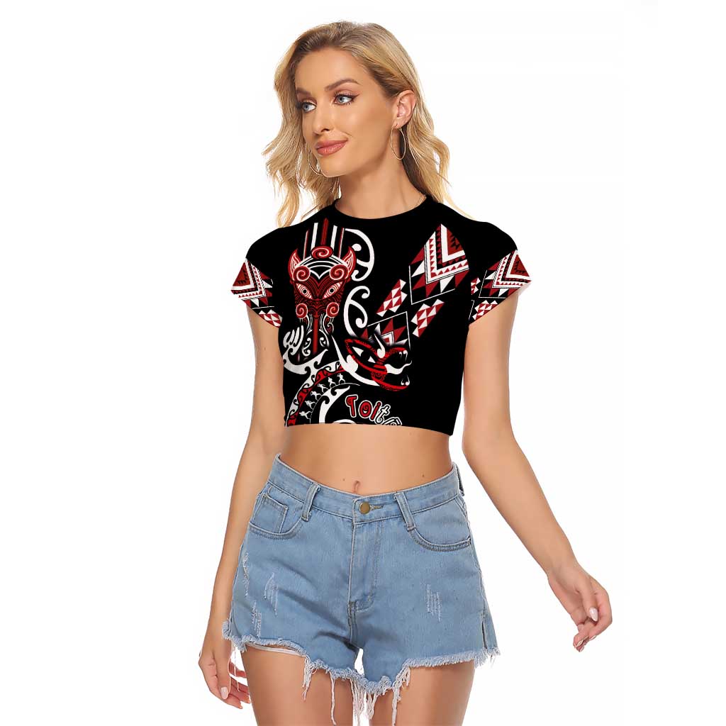 Aotearoa Toitu Te Tiriti-Honour the Treaty Raglan Cropped T Shirt Maori Taniwha Haka with Taniko and Tukutuku LT03 Female Black - Polynesian Pride