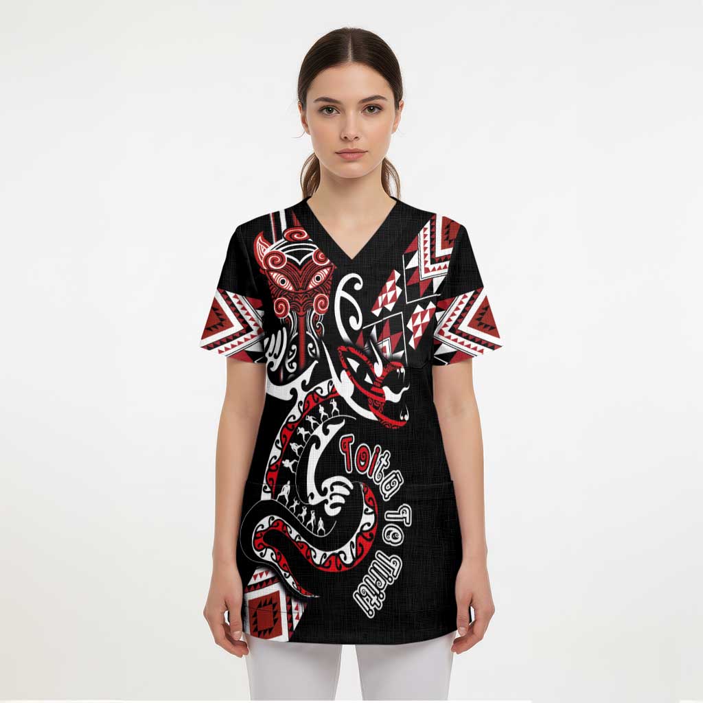 Aotearoa Toitu Te Tiriti-Honour the Treaty Scrub Top Maori Taniwha Haka with Taniko and Tukutuku - Polynesian Pride