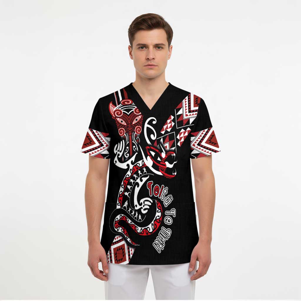 Aotearoa Toitu Te Tiriti-Honour the Treaty Scrub Top Maori Taniwha Haka with Taniko and Tukutuku - Polynesian Pride