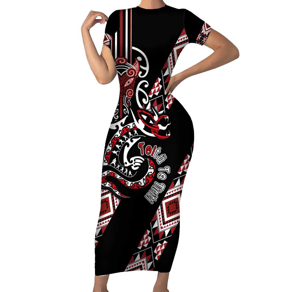 Aotearoa Toitu Te Tiriti-Honour the Treaty Short Sleeve Bodycon Dress Maori Taniwha Haka with Taniko and Tukutuku