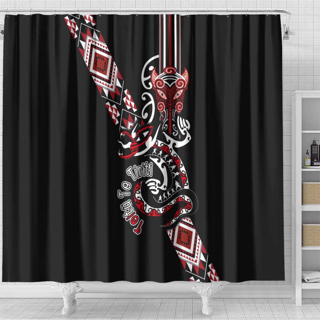 Aotearoa Toitu Te Tiriti-Honour the Treaty Shower Curtain Maori Taniwha Haka with Taniko and Tukutuku