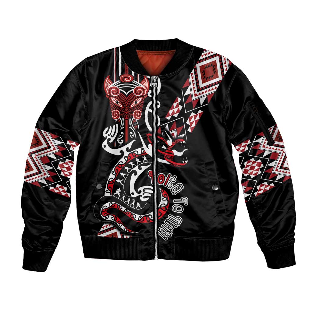 Aotearoa Toitu Te Tiriti-Honour the Treaty Sleeve Zip Bomber Jacket Maori Taniwha Haka with Taniko and Tukutuku