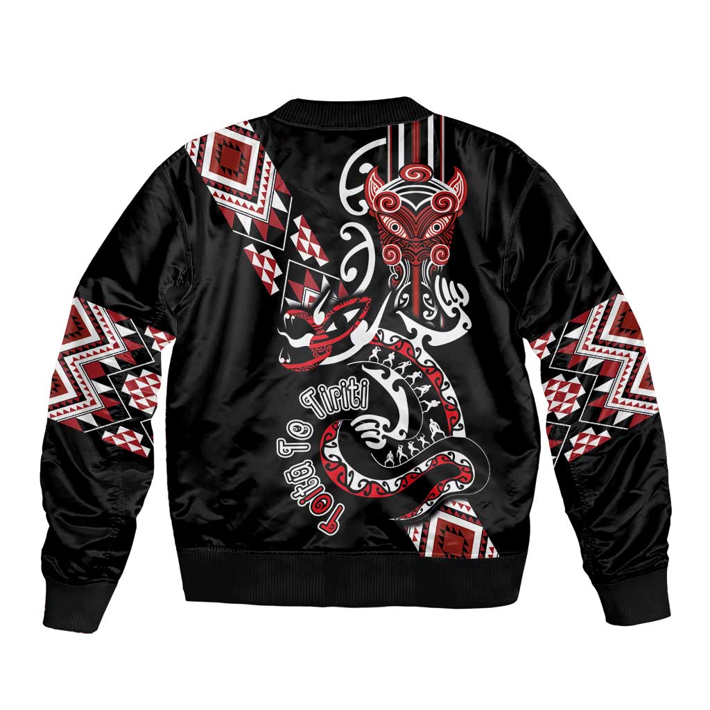 Aotearoa Toitu Te Tiriti-Honour the Treaty Sleeve Zip Bomber Jacket Maori Taniwha Haka with Taniko and Tukutuku