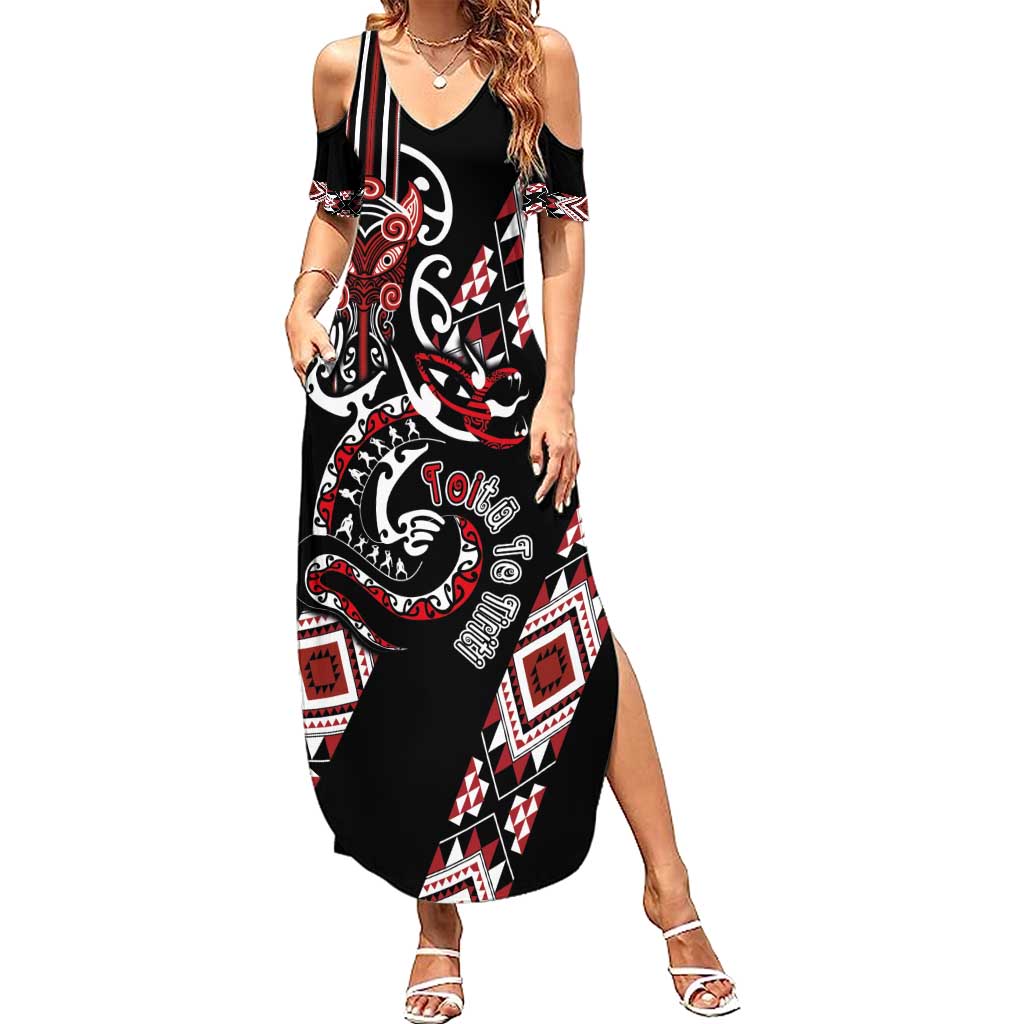 Aotearoa Toitu Te Tiriti-Honour the Treaty Summer Maxi Dress Maori Taniwha Haka with Taniko and Tukutuku