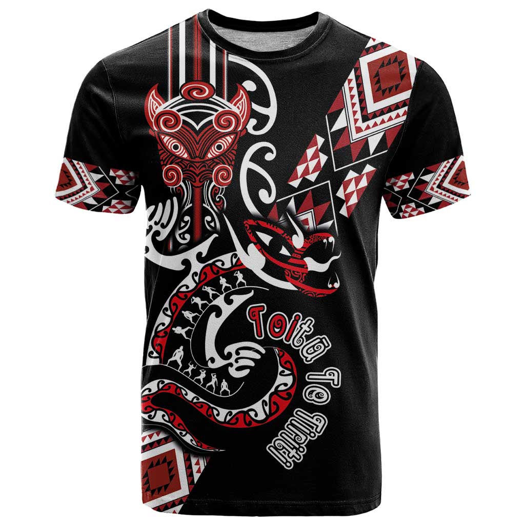 Aotearoa Toitu Te Tiriti-Honour the Treaty T Shirt Maori Taniwha Haka with Taniko and Tukutuku