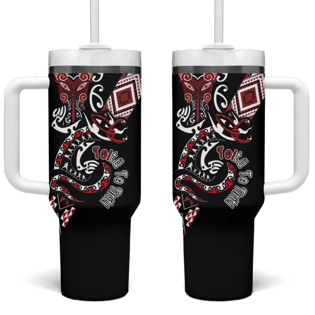 Aotearoa Toitu Te Tiriti-Honour the Treaty Tumbler With Handle Maori Taniwha Haka with Taniko and Tukutuku LT03 One Size: 40 oz Black - Polynesian Pride